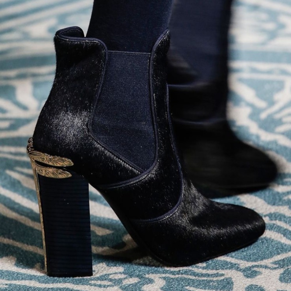 Navy Blue Pony Hair Theodora Ankle Ladies Booties